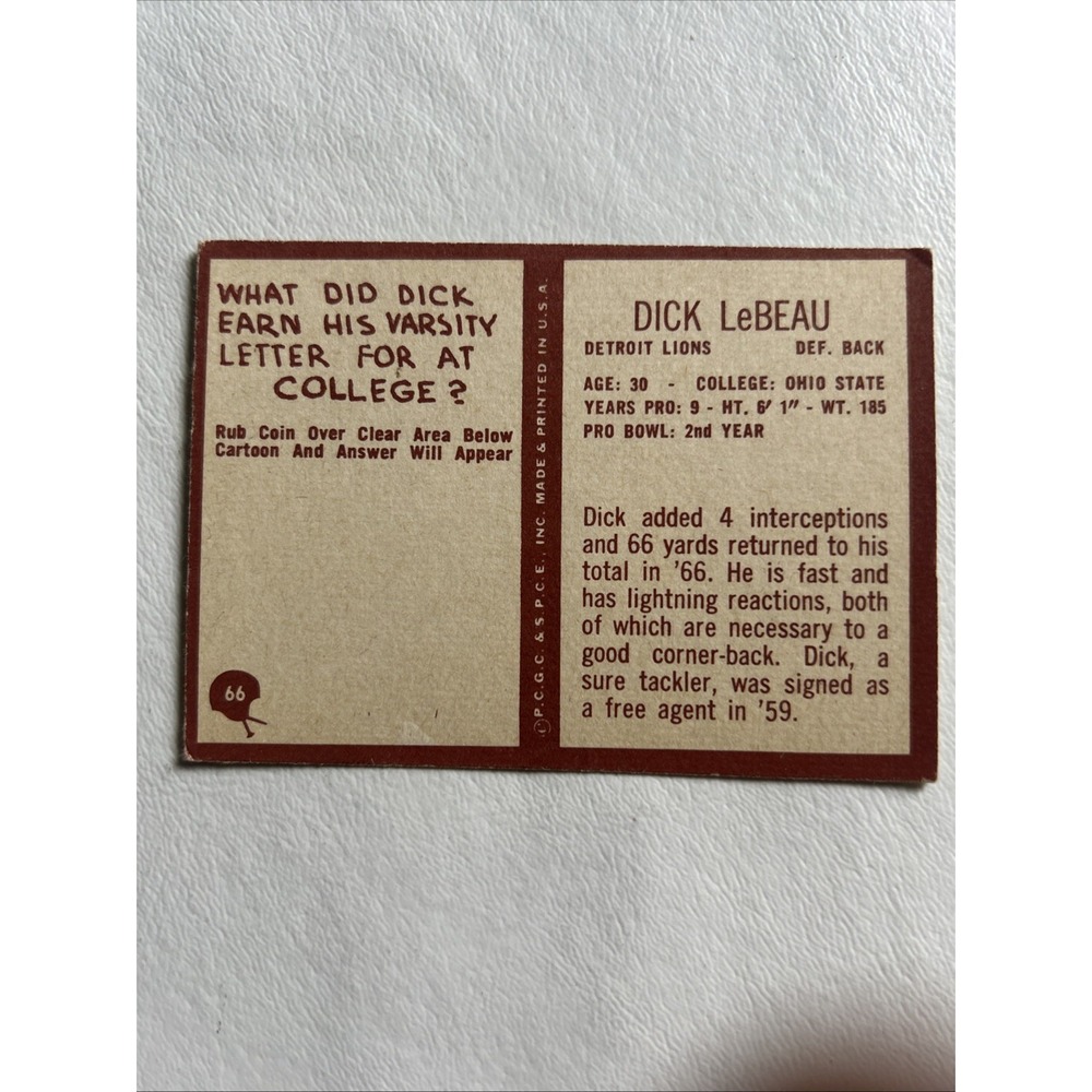 Dick Lebeau #66 1967 Philadelphia Gum NFL Football Card Lions HOF - Picture 2 of 2